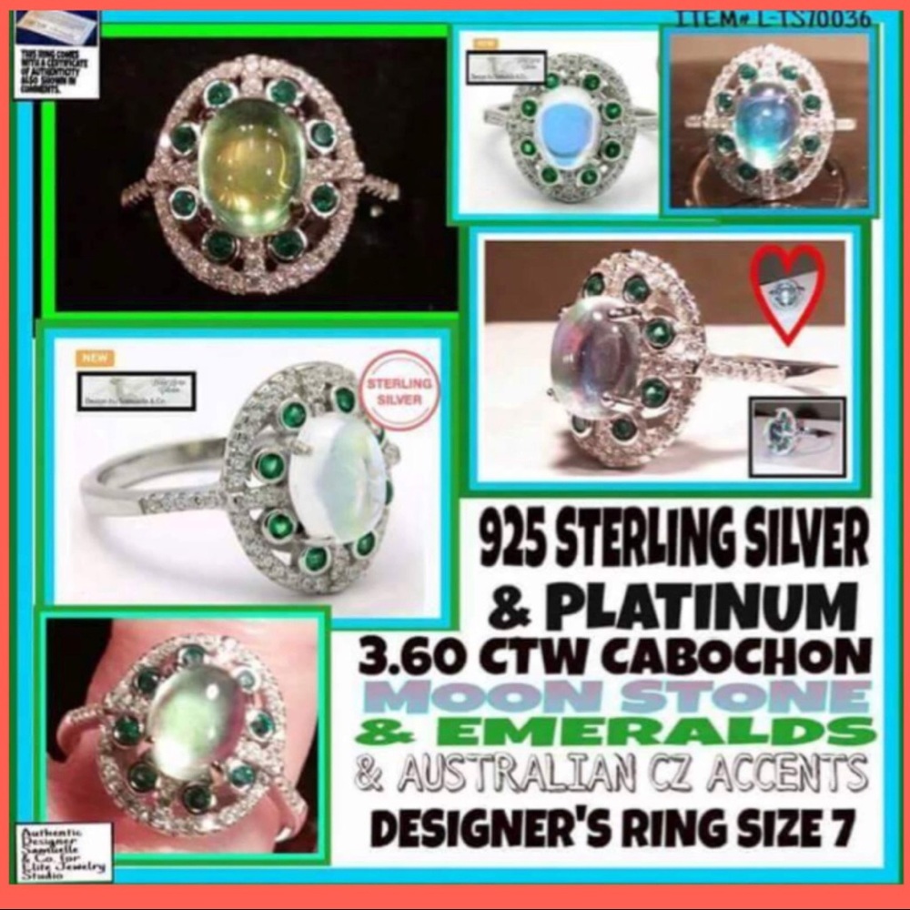 NWT! 925SS MOONSTONE & EMERALD CABACHON RING SZ 7